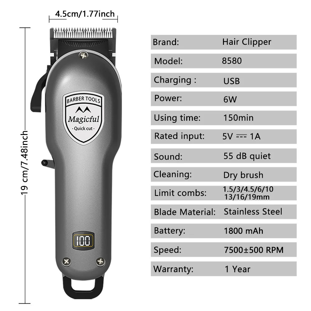 Original Professional Hair Clipper Beard Trimmer Classic mens Silver Electric Trimmer Cordless USB Charging LED Digital Display 251030