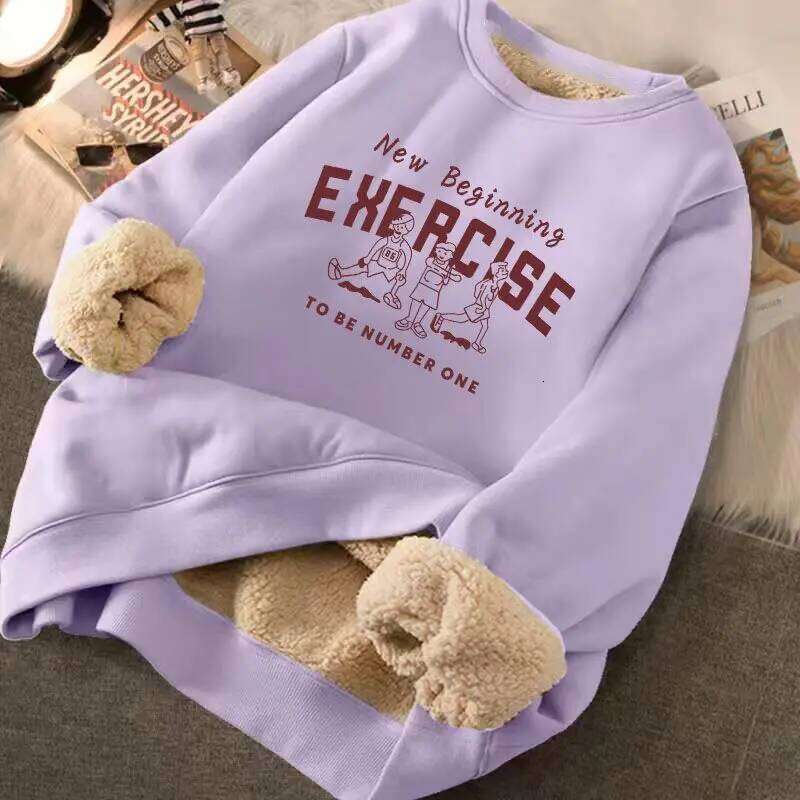 Women's Winter Loose Letter Print Plush Thick Hooded Sweatshirt Warmth Padded Warm Fleece Lined Pullover Sweater Top