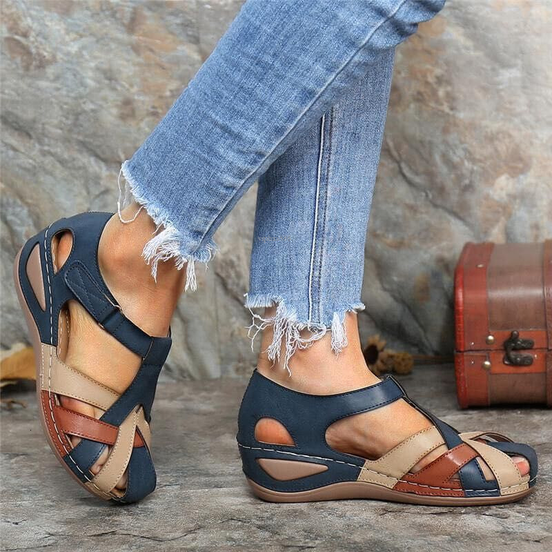 New Designer Sandals With Free Shipping 2025 Summer New Round Toe Slope Heel Roman Shoes Cross Buckle Women's Sandals