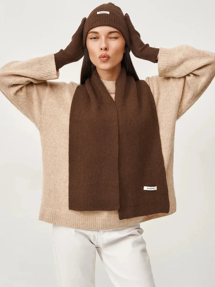 Knitted Winter Scarf Woman Solid Color Hat Scarf Gloves Womens Windproof Adult Threepiece Set Fashion Womens Scarf Hat Set 251028ww