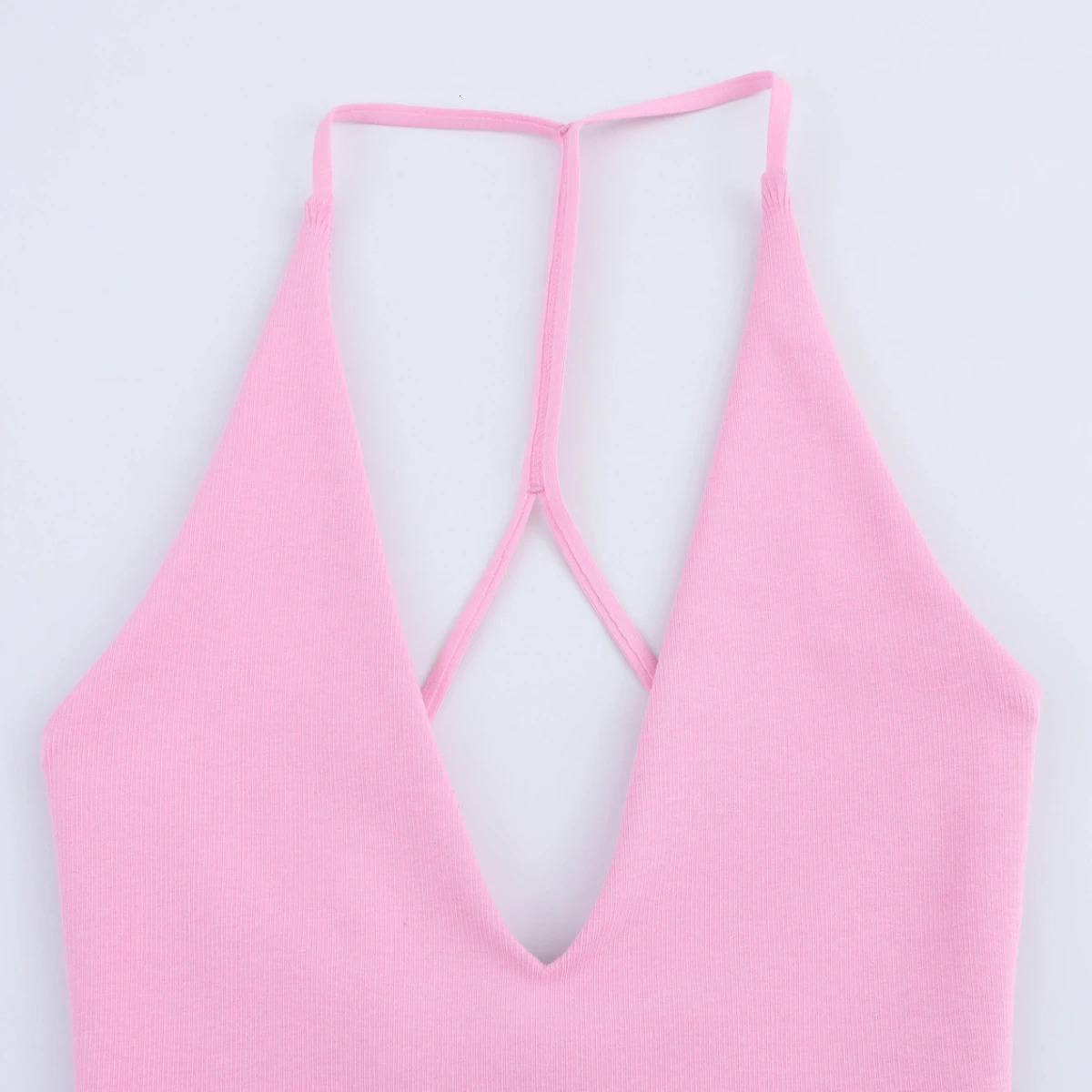 ZBZA Womens Ombination Halter Dress Vneck Sleeveless Back Cross with Ruffles Mini Skiing SpringSummer Fashionable Short Skirt 250402m