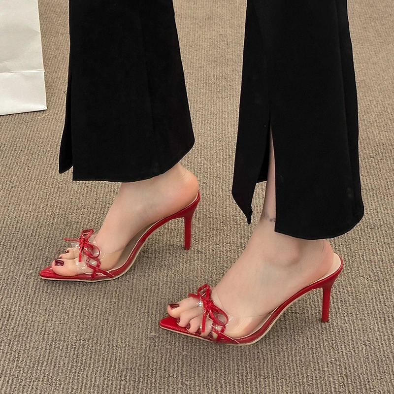Sexy thin high heels summer womens slider elegant bow peeking toe evening dress 250402BJ - view 4