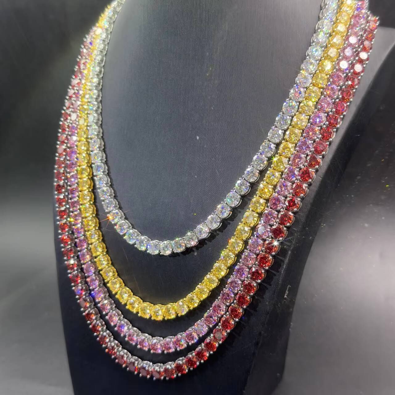 Colored Diamond Iced Out Golden Yellow Moissanite Tennis Necklace 925 Sterling Silver Plated Yellow K Gold Chain 3mm 4mm 65mm