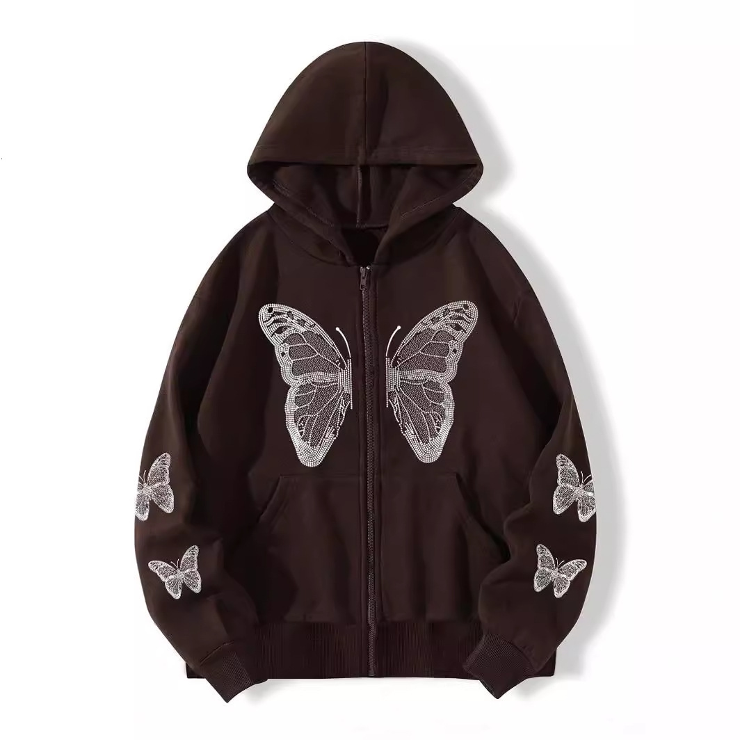 Autumn winter Y2K butterfly oversized loose pocket hooded zipper womens hoodie jacket 231007