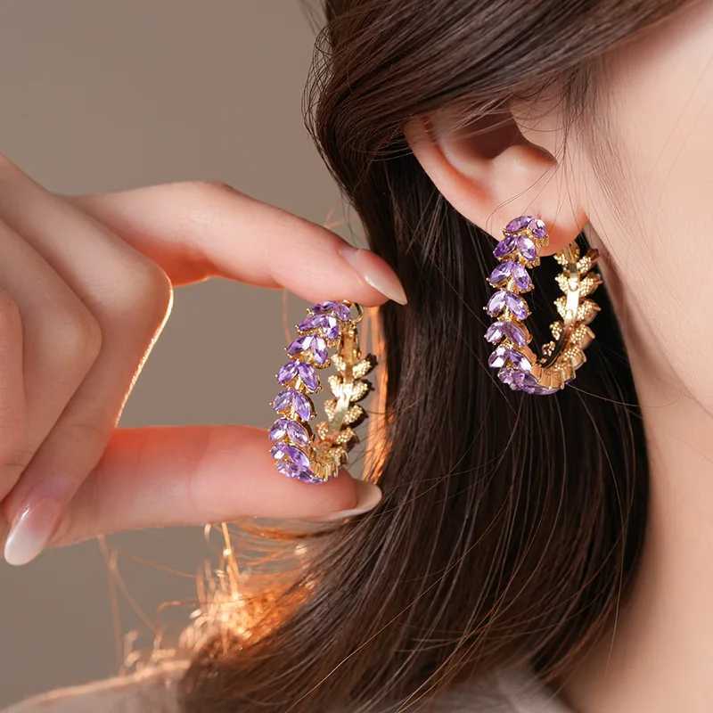 2025 New Arrival Light Luxury Elegant Purple Crystal Wheat Hoop Earrings For Women Fashion Sweet Metal Jewelry Accessories Gifts Y250401