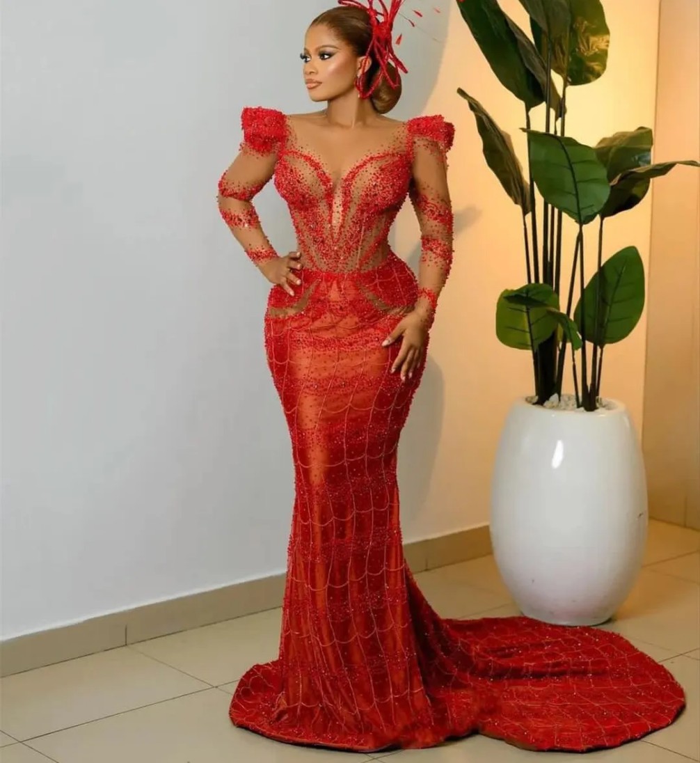 Mermaid Red Prom Dress Beaded Crystals Sheer Neck Evening Formal Party Second Reception Birthday Engagement Gowns Dresses Robe De Soiree