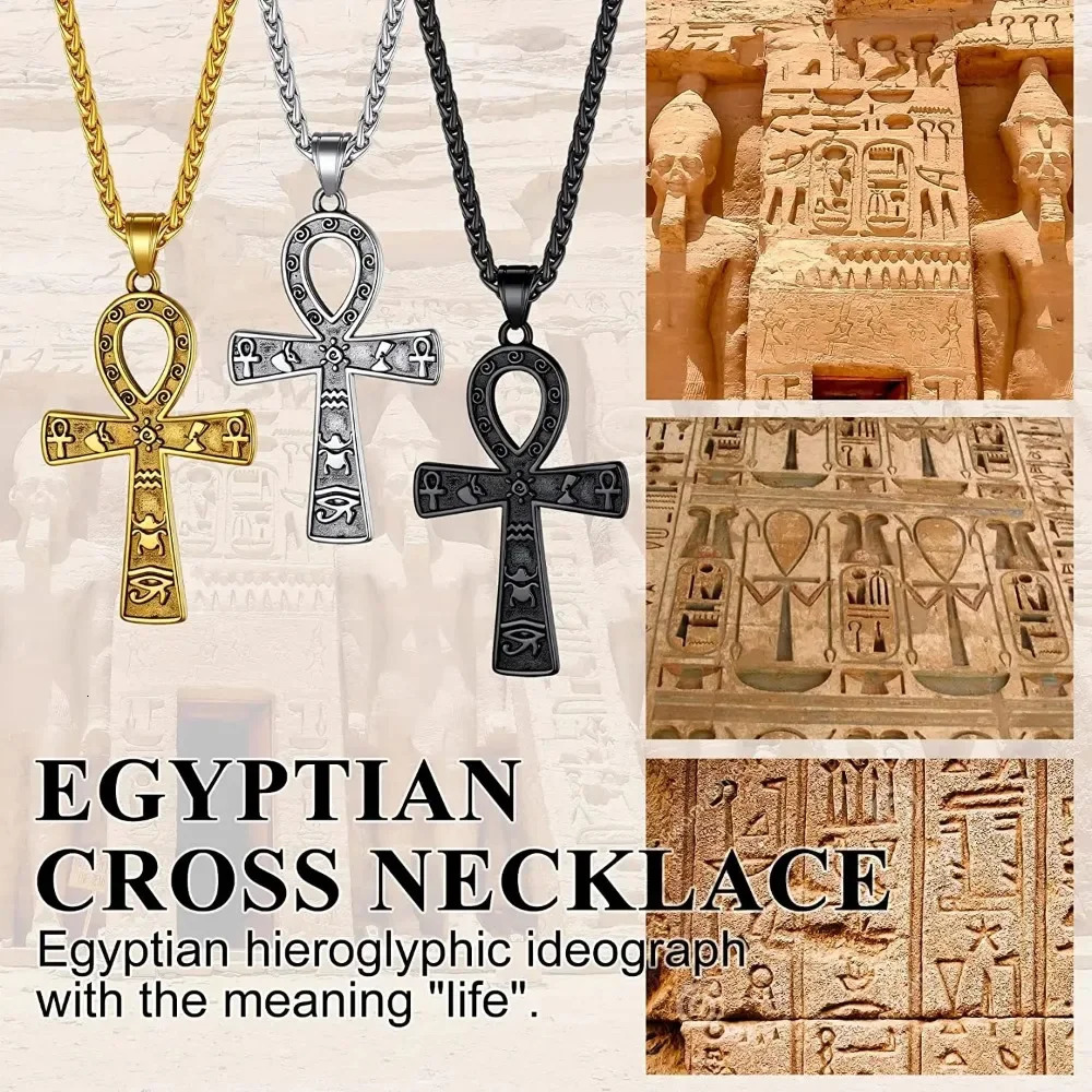 U7 Stainless Steel Ankh Cross Necklace for Men Women Eye of Horus m Link Chain Ancient Egyptian Life Symbol Religious Jewelry 251028