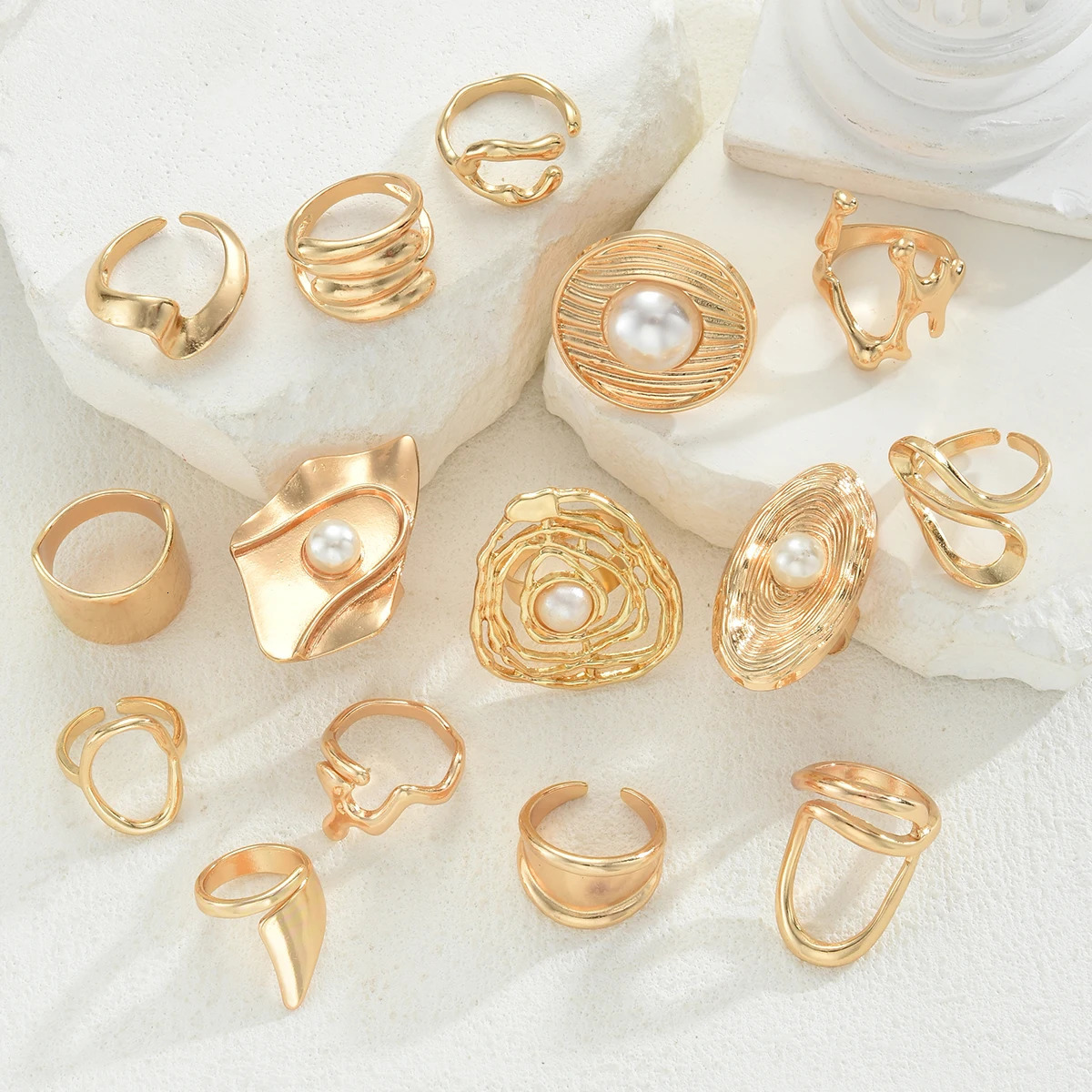 15pcs Punk Smooth Geometric Open Rings Set For Women Exaggerated Asymmetrical Gold Color Floral Thick Chunky Rings Party Jewelry 251031
