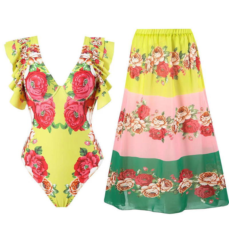 Bohemian style French fixed print fashion trend new jumpsuit wrapped skirt set swimsuit