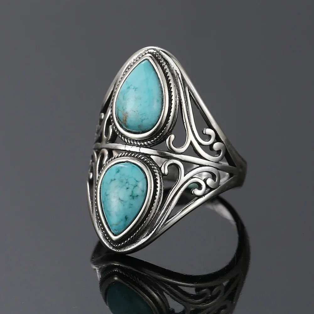 S925 Sterling Silver Vintage Ring With Natural Turquoise Stone Rings Oval and Round Shape Flower Carved Rings For Women Men 251031