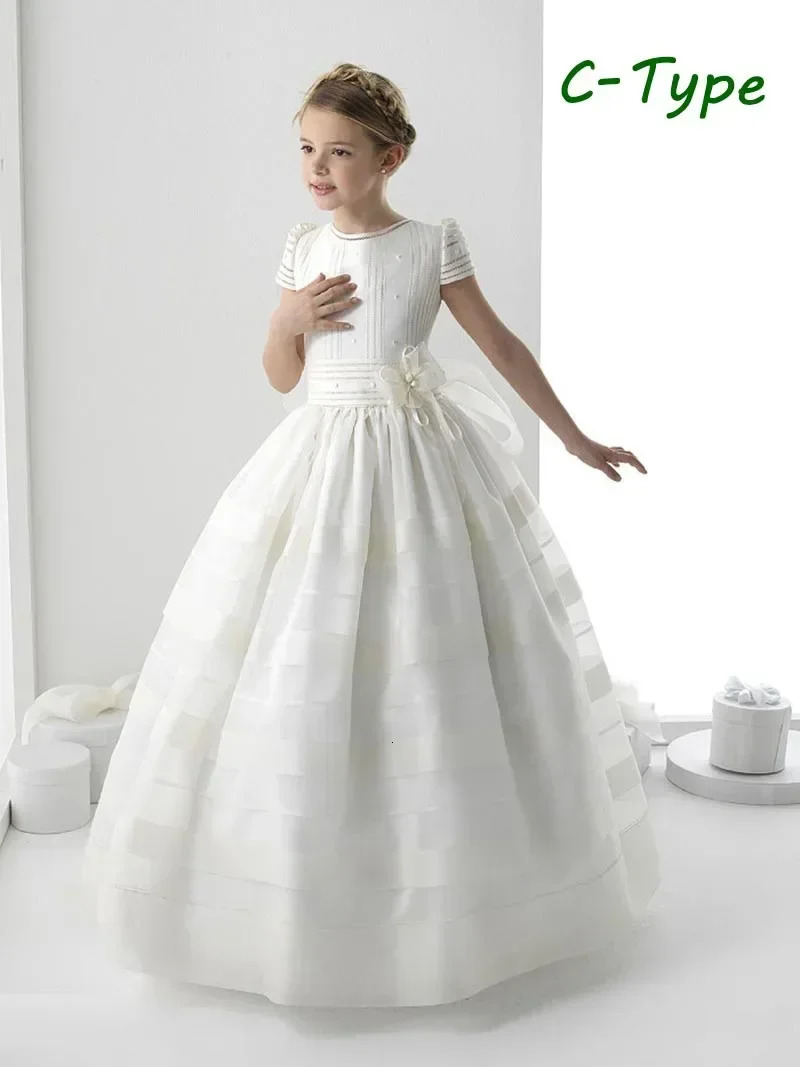 First Communion Gowns White Satin Flower Girl Dress Short sleeves With Bow Little Princess Kids Birthday Evening Pageant Dresses 251028
