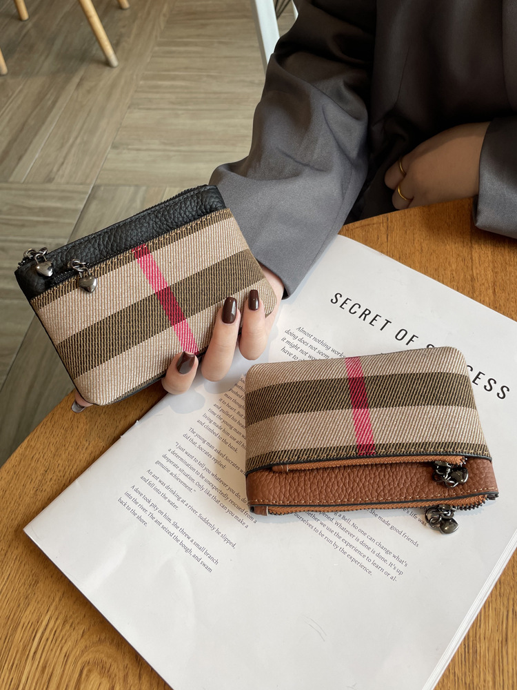 New Design Plaid Print Mini Small Wallet Fashion Hot Style High Quality Zippered Storage Coin Purse Black Brown Free Shipping