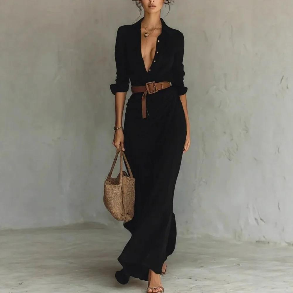 2025 Buttons Draped Chic Party Dress Spring Autumn Women Turn Down Collar Simple Maxi Long Sleeve Elegant Ladies 251030