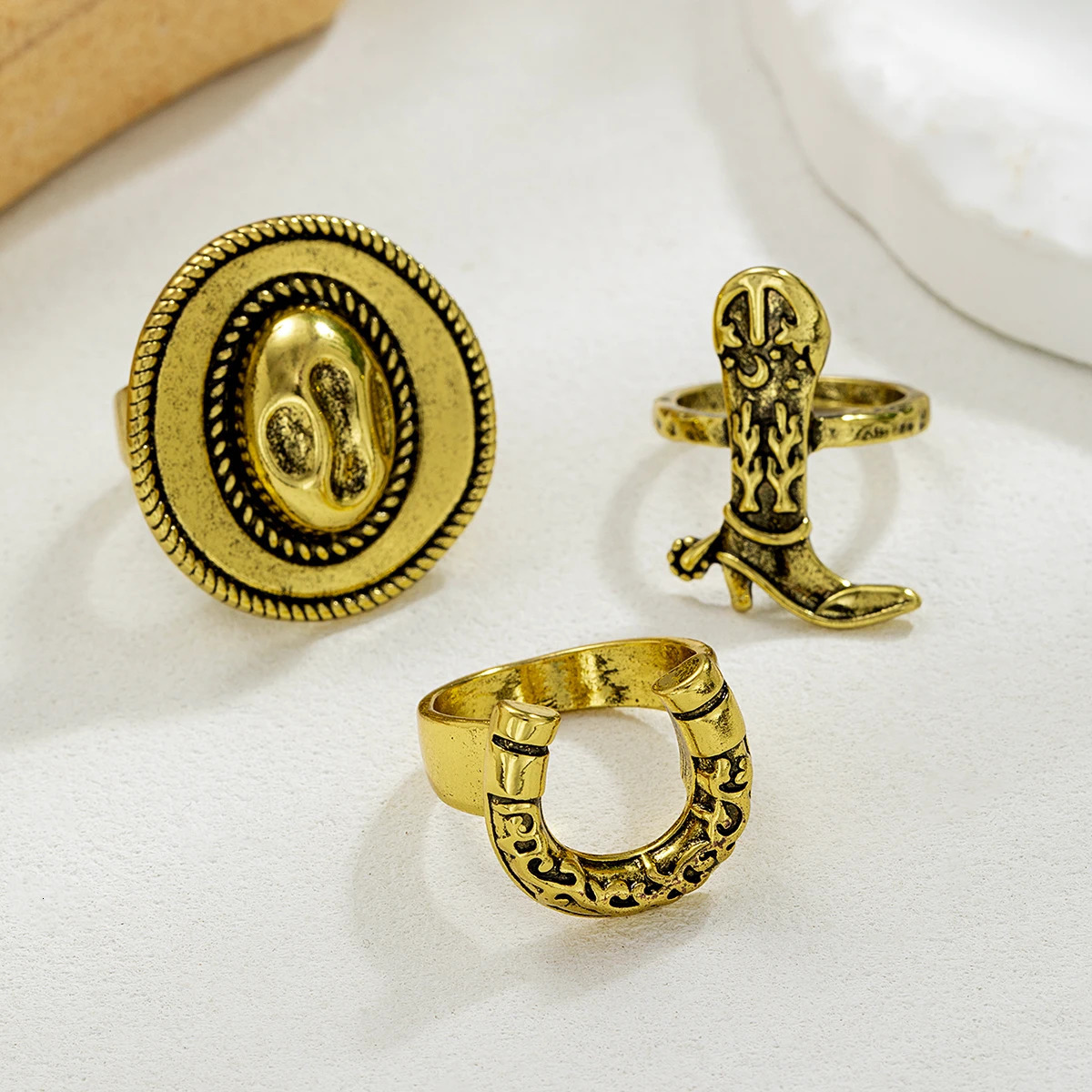 3piece retro ethnic style multi piece stacked denim hat Martin boots horse hooves exaggerated personality alloy ring set 251031