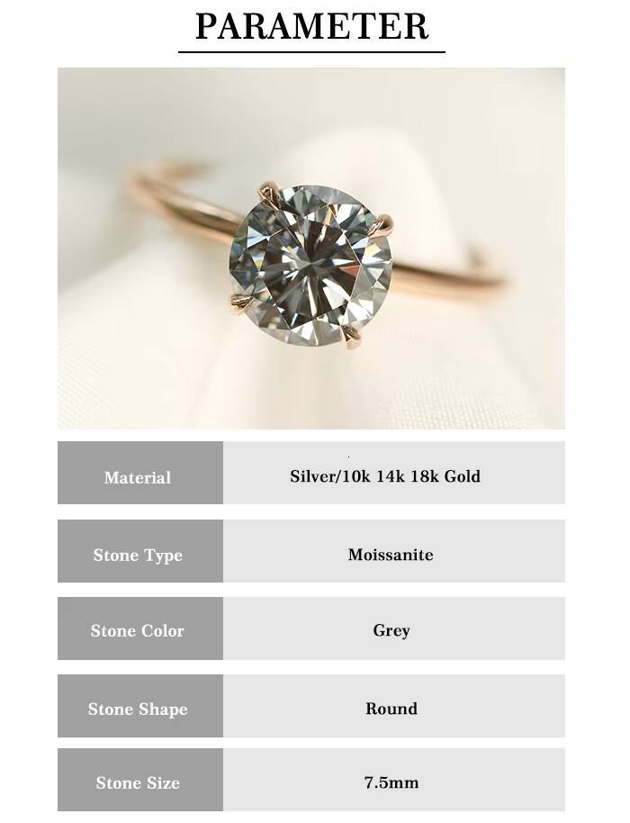 Luster High Quality Silver10K 14K 18K Gold Hidden Halo Grey Color Moissanite Circular 15ct Engagement Diamond Ring for Women