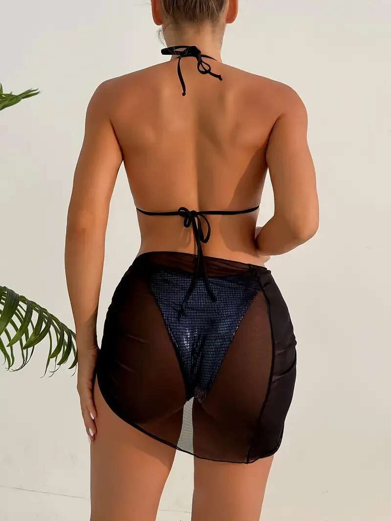 Dongdumaoyi Sexy Sparkling Purple Bikini Set Women Metal Heart Designer Sequin Mesh Skirt Piece Swimsuit Beach Bathing Suit Swimwear