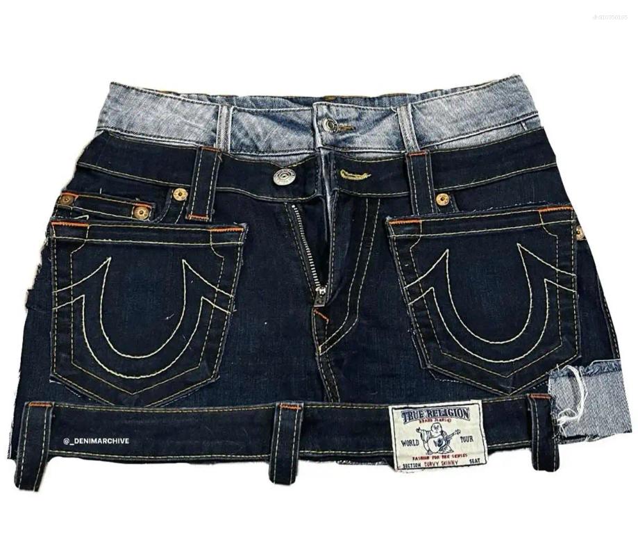 Skirts Blue Retro Goth Skirt Embroidered Pocket Patchwork Y2k Denim Mini With High Waist And Hip Bag Harajuku Streetwear