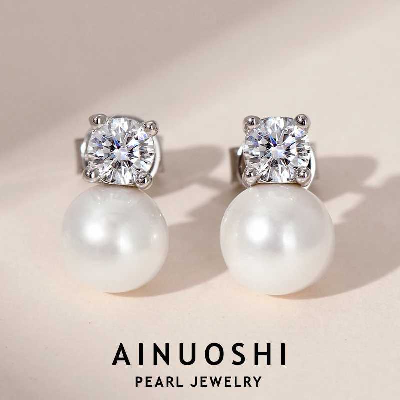 AINUOSHI 925 sterling silver womens earrings with 8-9mm white shell beads and 3.5mm zircon earrings suitable for womens fashion jewelry gifts Y250401
