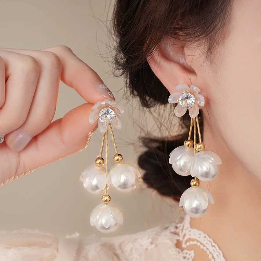 European And American Light Luxury Elegant Zircon Flower Pearl Tassel Dangle Earrings For Women Fashion Sweet Geometry Jewelry Y250401