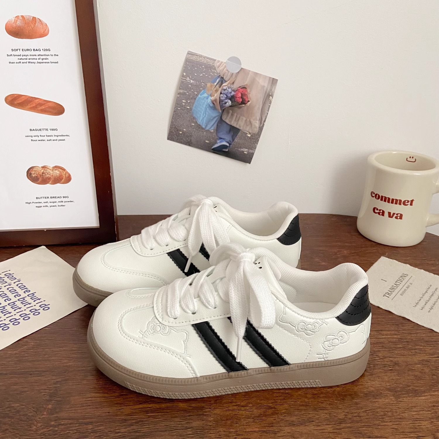 designer shoes 2025 Cute kitten embroidered German training shoes for women niche chic versatile sneakers casual white shoes for women.