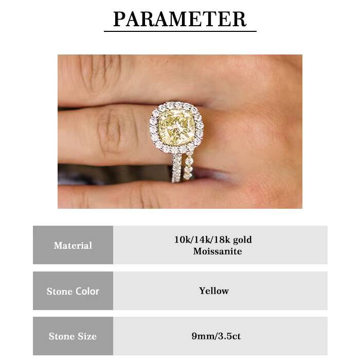 Luster Jewelry Fantastic 10K 14K 18K Gold Halo Canary Yellow 35 Carats Cushion Moissanite Eternity Ring for Engagement
