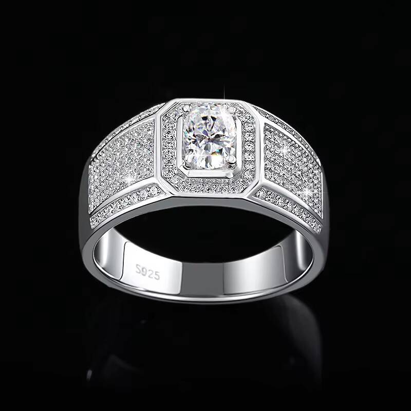 With GRA S925 Sterling Silver Full Diamond Inlay Oval Cut Vvs D Color 1Ct White Moissanite Ring for Men Wedding Band