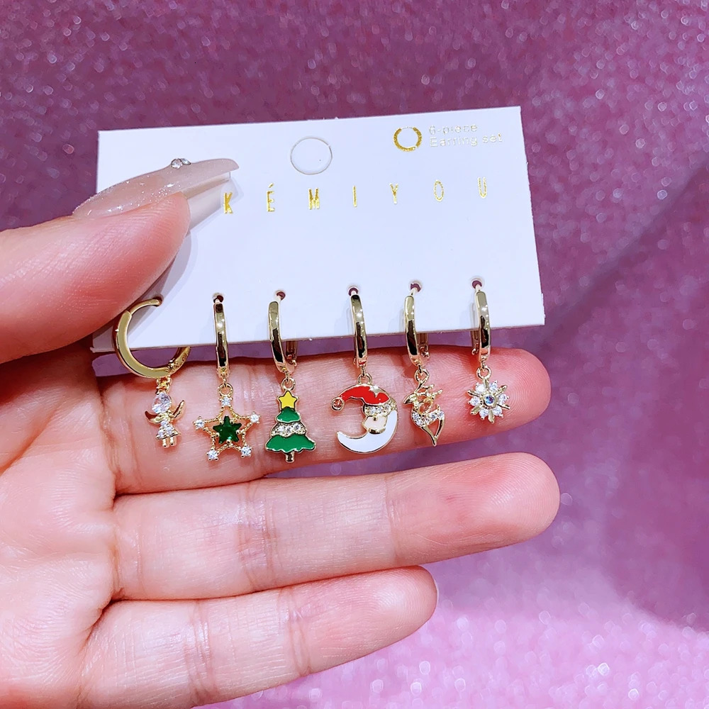 MIGGA 6pcs Mix and Match Christmas Dangle Earrings Set Gold Color Women Party Gift Jewelry 251031