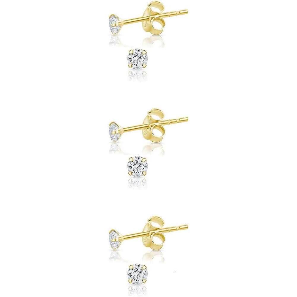 Set 3 PAIRS of Sterg Sier Studs with Cubic Zirconia Crystal CZ Plated Rose Gold Earrings Tiny Clear Stud - Dia Earring for Men and Women 2, 3, 4, 5 mm