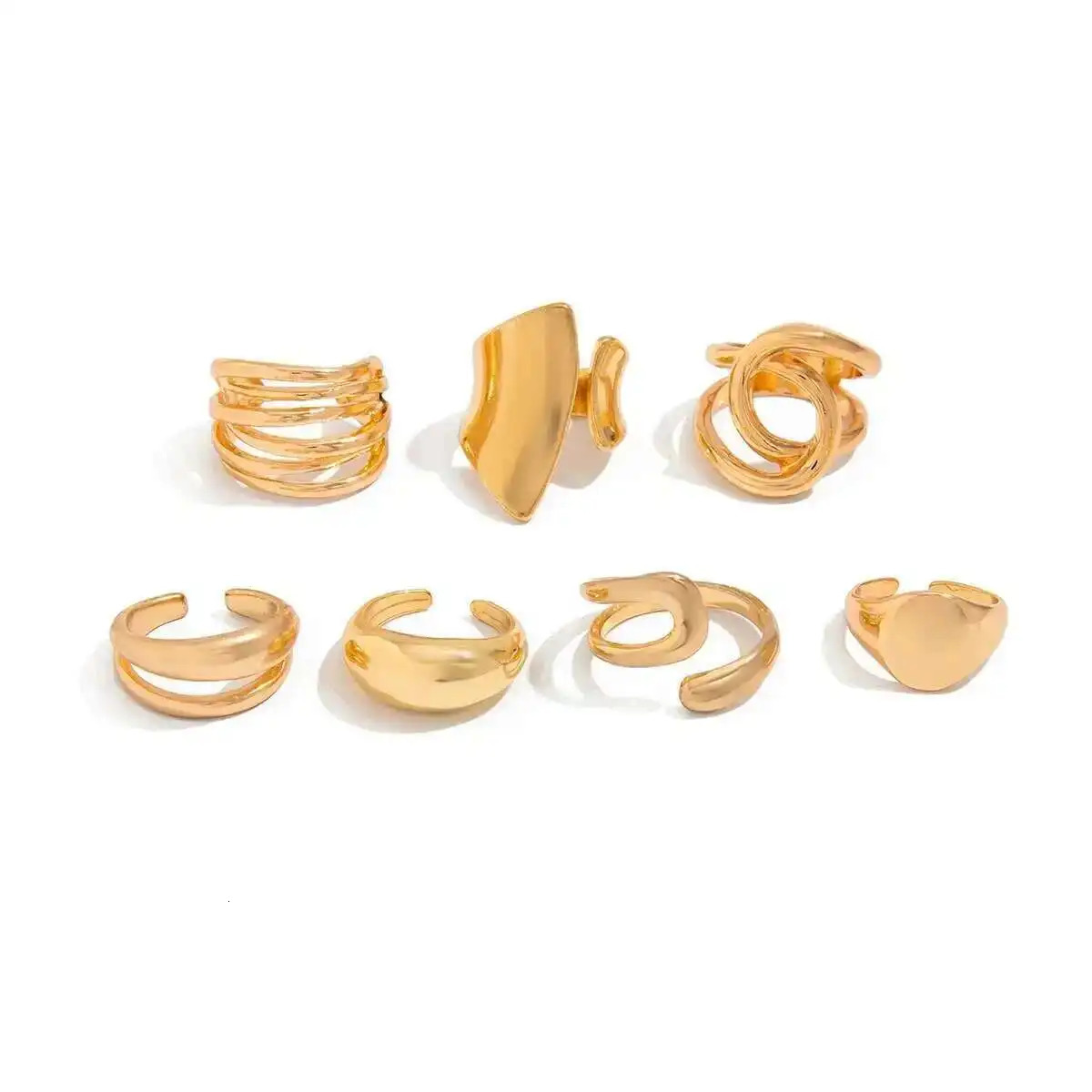 KunJoe 7Pcs Retro Hollow Out Geometric Gold Color Open Rings Set for Women Trendy Smooth Irregular Wide Ring Finger Jewelry 251031