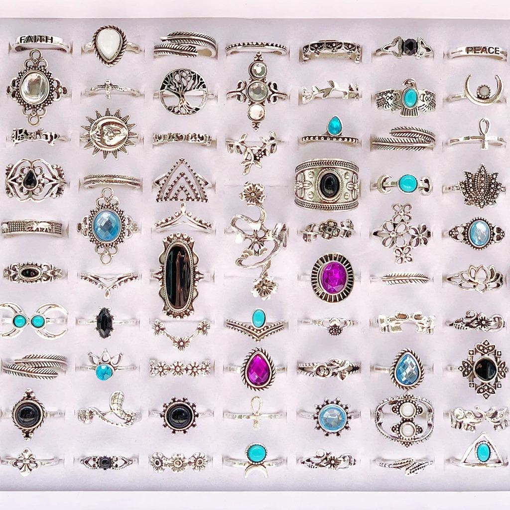 20pcsLot Mixed Style Turquoise Stone Flower Vintage Rings Women Bohe Ethnic Metal Plated Silver Charm Party Gift Finger Jewelry 251031