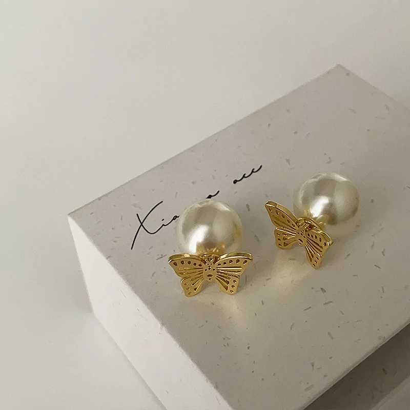 French Style Light Luxury Elegant Butterfly Imitation Pearl Stud Earrings For Women Fashion Sweet Metal Jewelry Party Gifts Y250401