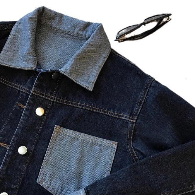 Color blocked denim jacket for women early spring 2024 new item casual loose short lapel dark blue jacket for women 230726