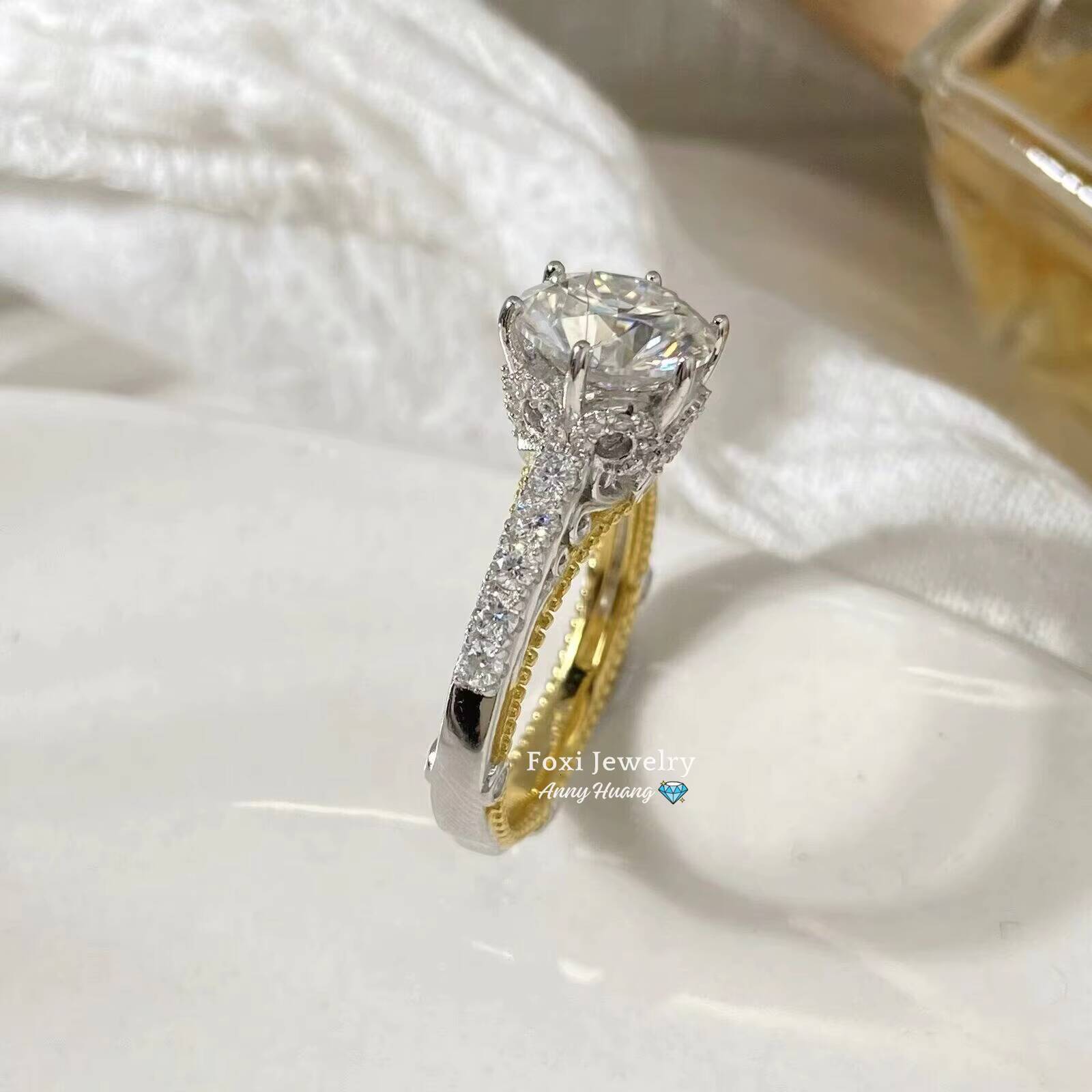 Fine Bridal Jewelry 6 Prong 14K Two Tone VVS Moissanite Diamond Engagement Ring 925 Silver 36CT Classic Wedding Band Ring Gift