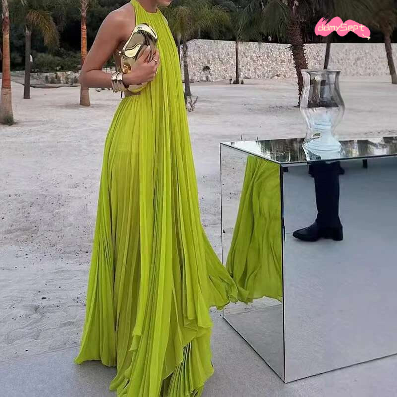 Elegant O-neck Sleeveless & Long Skirt Set Sexy Backless Hollow Out Solid Loose 2Pc Suits Women Fashion Pleated Holiday Outfits #ddmySept