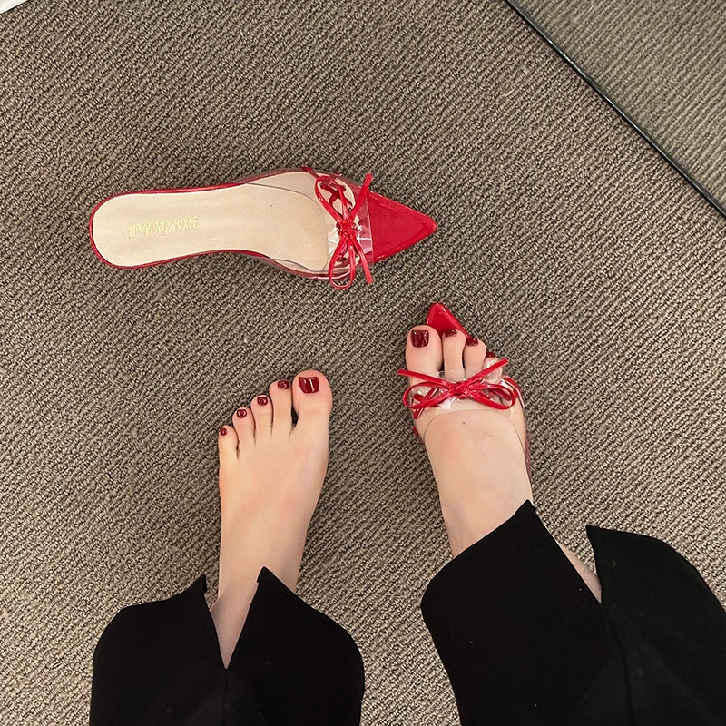 Sexy thin high heels summer womens slider elegant bow peeking toe evening dress 250402BJ - view 6
