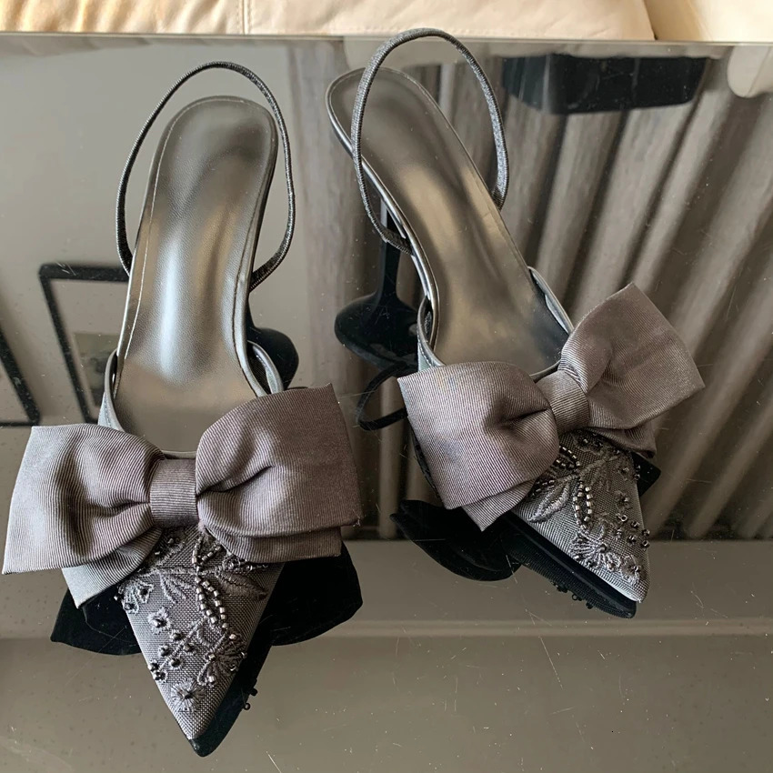 Black bow highheeled sandals for women in the summer of featuring a bounce back pump and retro satin angular heels elegant party shoes 250402BJ - view 3