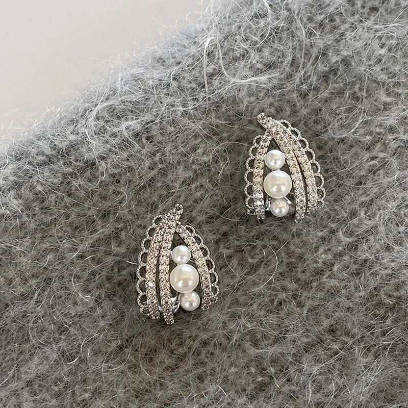 Light Luxury Elegant Unique Lace Pearl Stud Earrings For Women Fashion Cute Sweet Crystal Metal Jewelry Party Gifts Y250401