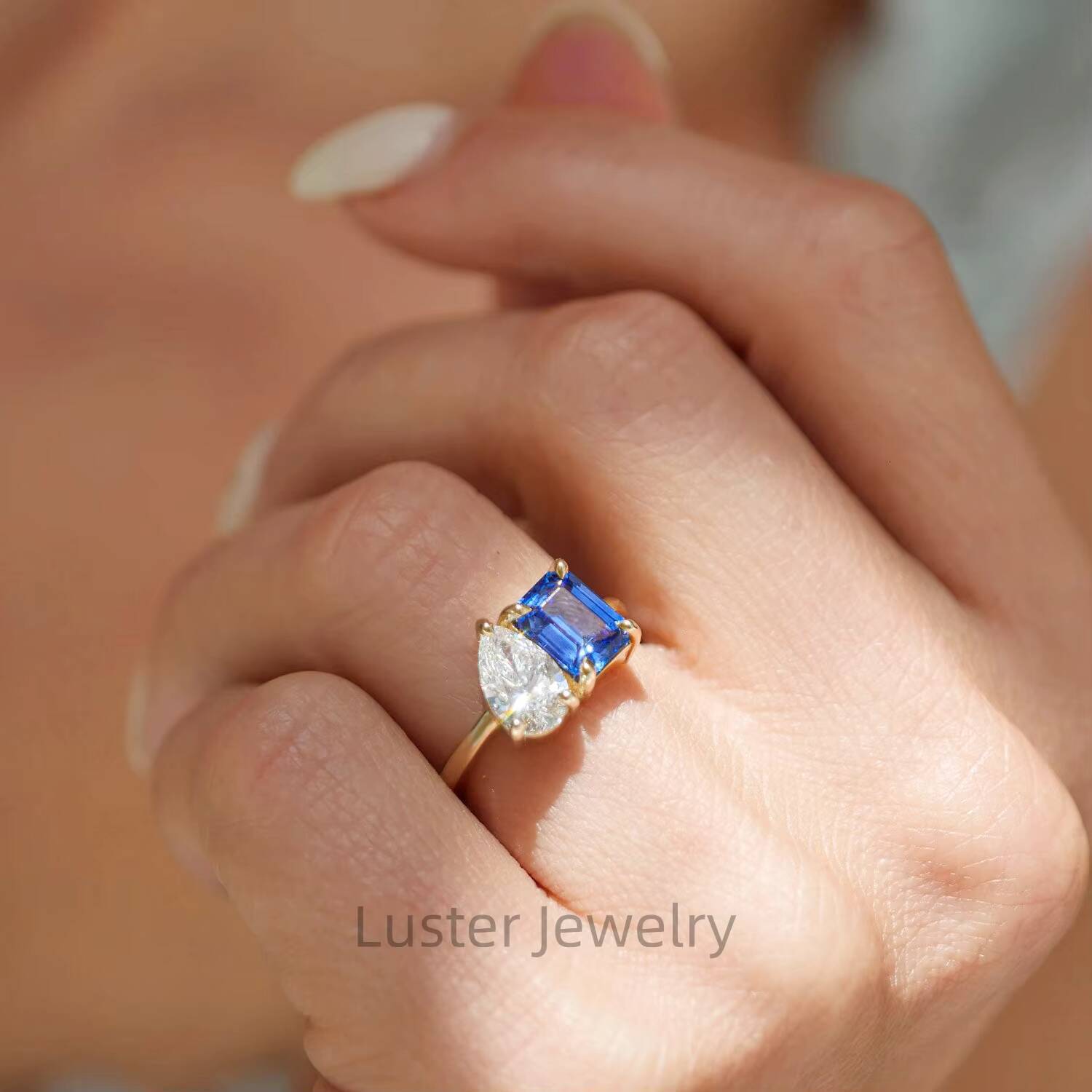 Luster Toi Et Moi 10K 14K 18K Gold Two Stone Ring Lab Grown Blue Sapphire and 1carat Moissanite Ring Wedding Engagement Ring