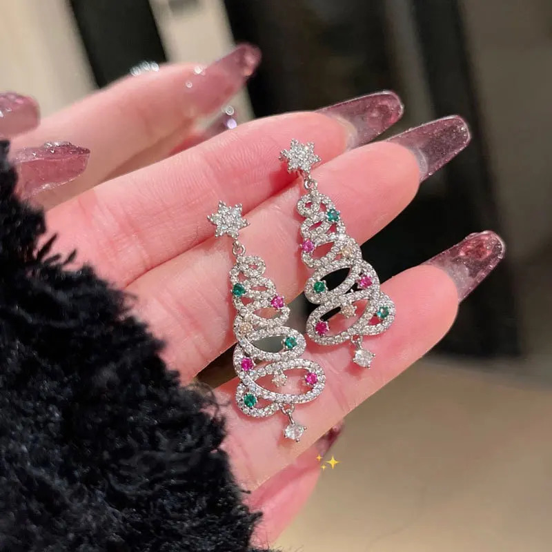 Colorful Rhinestone Christmas Tree Dangle Earrings for Women Exquisite Zircon Star Year Earrings Girls Party Jewelry 251031