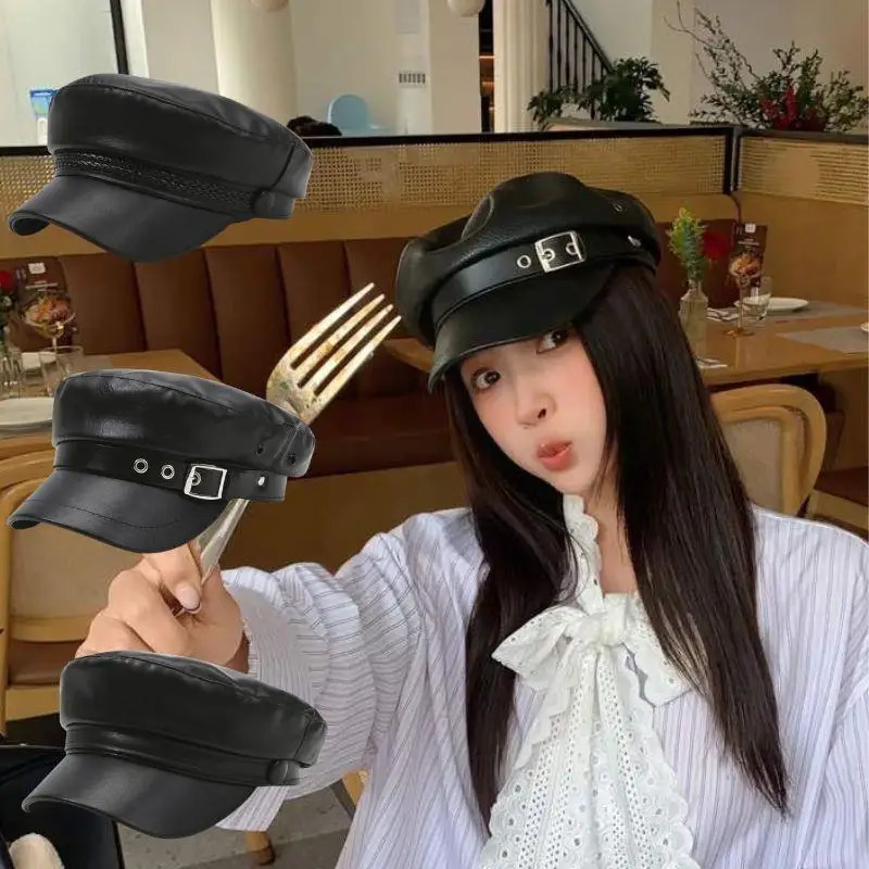 Trendy PU Leather Beret Hat Gothic Lolita Punk Cap Versatile Beret Retro Flat Tops Visor sboy Cap Painter Hat Octagonal Cap 251031