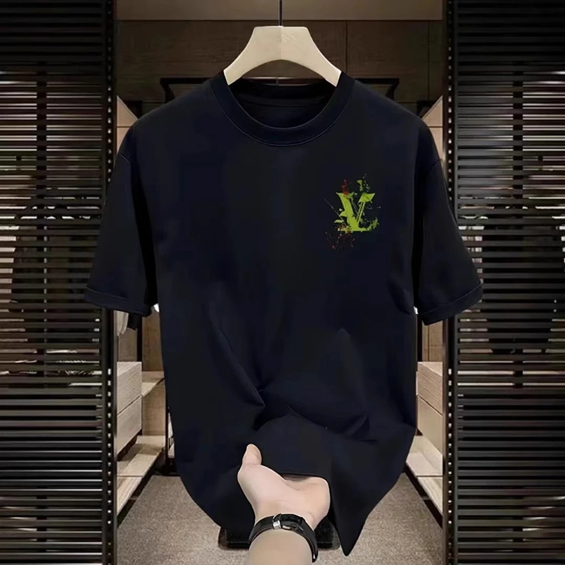 Designer short sleeve fashion pure cotton summer new men's printed T-shirt Trend casual round neck T-shirt men plus size black white