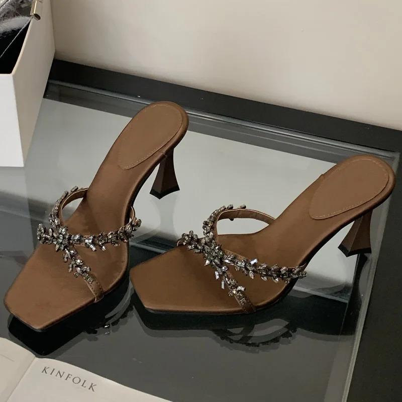 Eilyken Street style crystal narrow band slider womens open toe thin highheeled sandals stripping party shoes 250402BJ