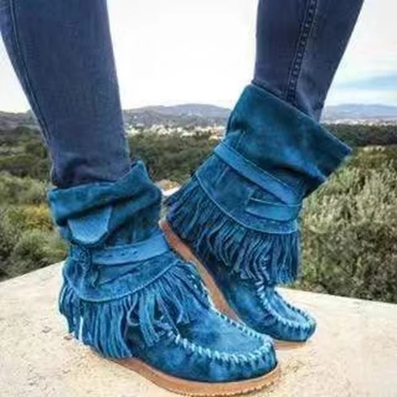 Women Ankle Boots Ladies Suede Shoes Tassel Single Boots Pop Silpon Boho Boots Women Flat Shoes Cowboy Shoes Short Boots 251030