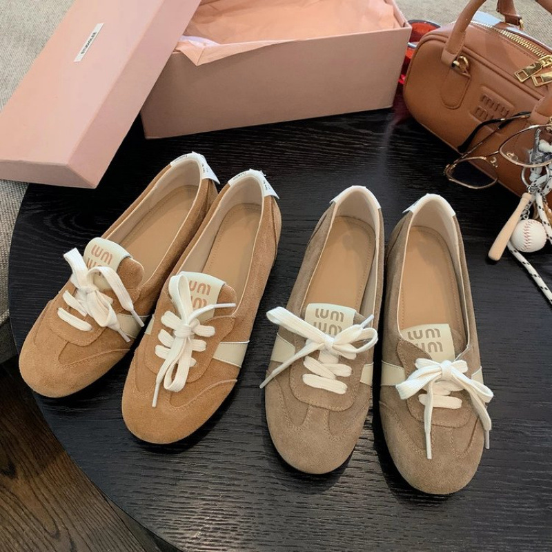 designer shoes new Leather version! miu sweet elevator one-step-on versatile ballet German training shoes for women casual sports shallow-mouth single