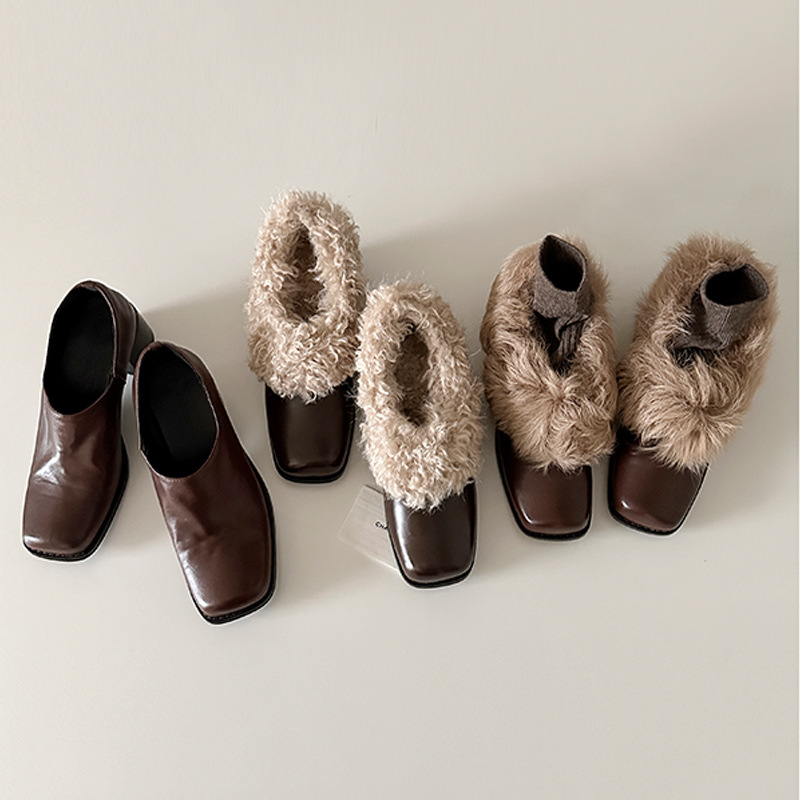 Cowhide version ~ square toe wool shoes one foot retro fleece warmth Mary Jane small leather shoes cotton shoes thick heel shoes