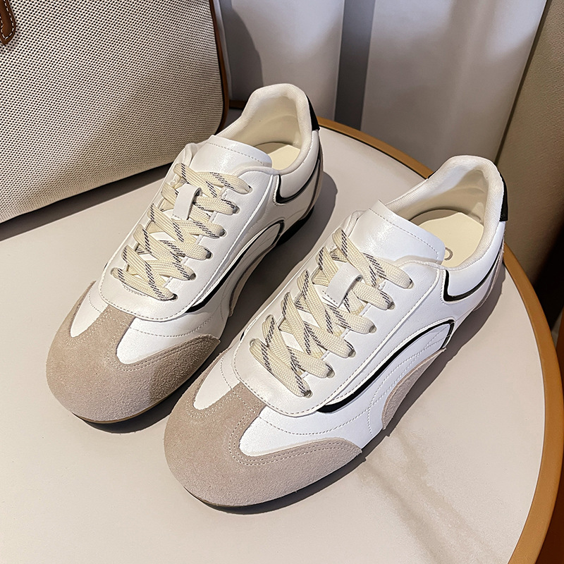 Cowhide vintage color-blocked leather ballet style moral training shoes women's spring and autumn soft-soled sneakers lightweight casual board sh