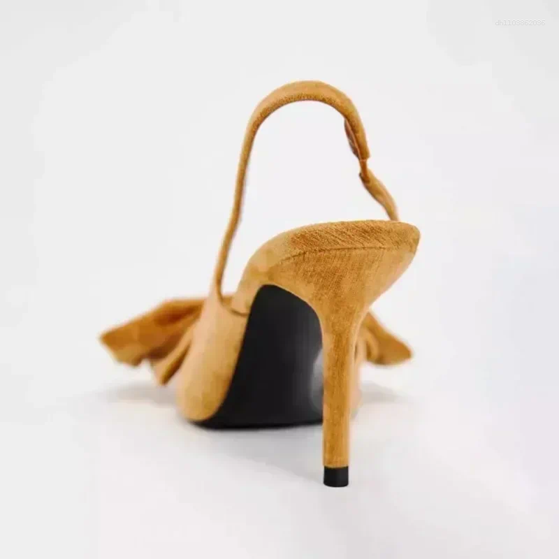 Dress Shoes Elegant Bow Decoration Back Strap Pointed Toe High Heels Hot Women Designer Veet Heeled New Sandals Pumps Party