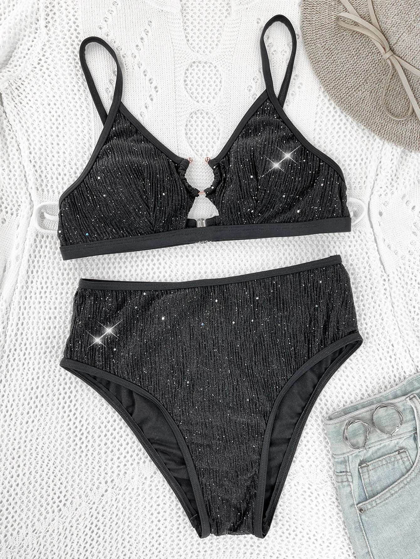 Dongdumaoyi Shiny Black Bikini Women Cut Out Metal Ring Push Up High Waist Swimsuit Brazilian Sequin Bathing Suit Two Piece Swimwear