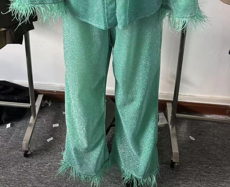 Show Style twopiece womens fashionable stand up collar long sleeved shirt top and pants set temperature feather party 241009