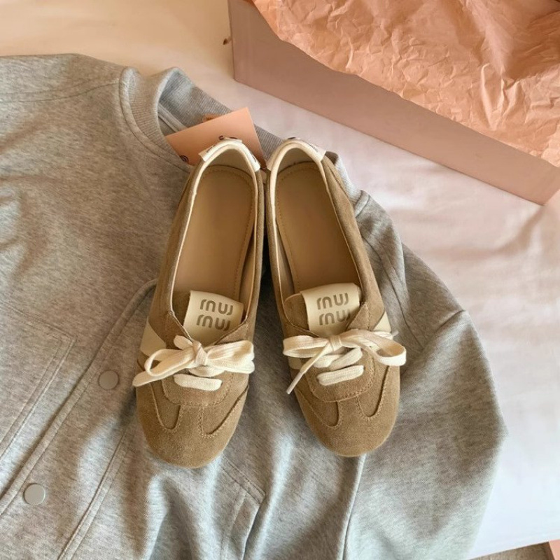 designer shoes new Leather version! miu sweet elevator one-step-on versatile ballet German training shoes for women casual sports shallow-mouth single